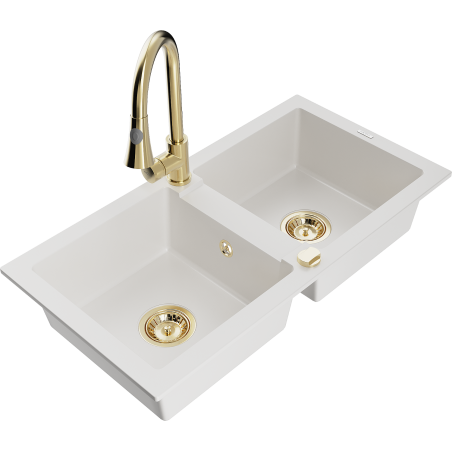 Mexen Mario Elia white granite double bowl kitchen sink with faucet - 6504-20-670101-50