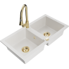 Mexen Mario Elia white granite double bowl kitchen sink with faucet - 6504-20-670101-50