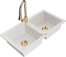 Mexen Mario Elia white granite double bowl kitchen sink with faucet - 6504-20-670101-50