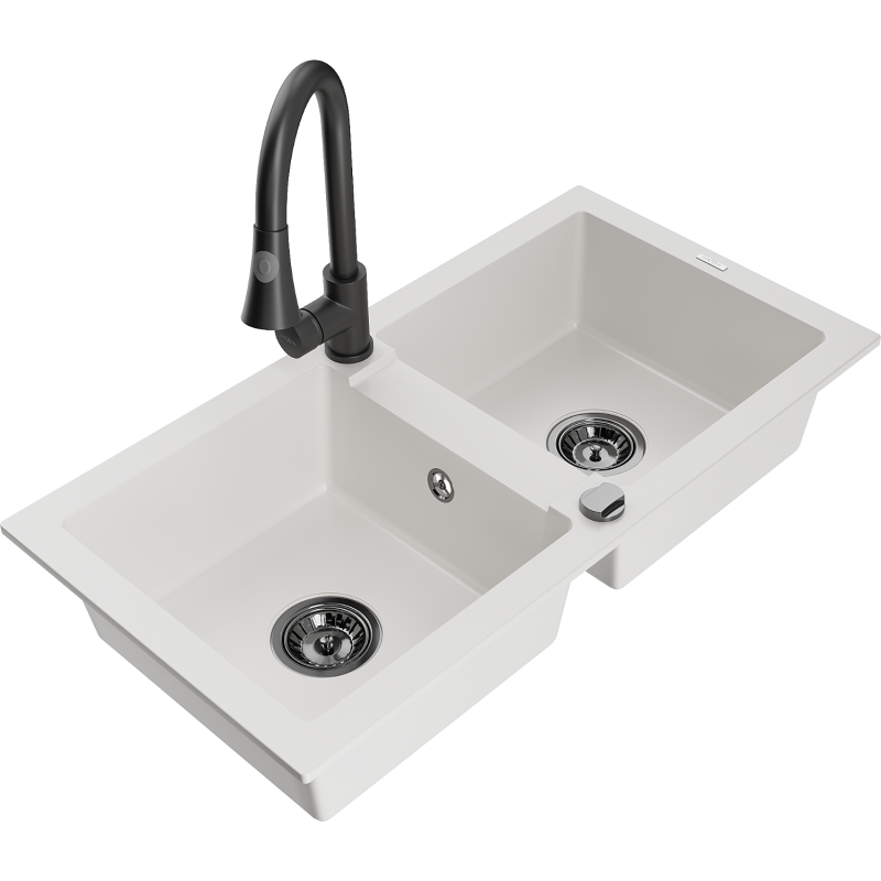 Mexen Mario 2-bowl granite kitchen sink with Elia tap, white - 6504-20-670101-70