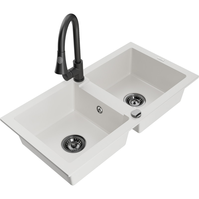 Mexen Mario fregadero de granito de 2 senos con grifo de cocina Elia, blanco - 6504-20-670101-70