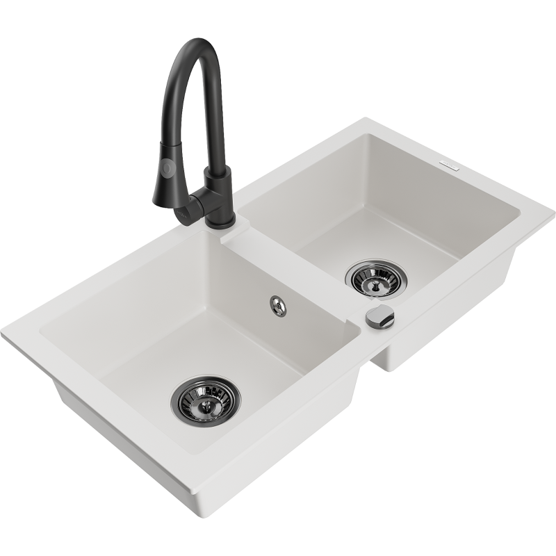 Mexen Mario lava-loiça de granito com 2 cubas e torneira de cozinha Elia, branco - 6504-20-670101-70
