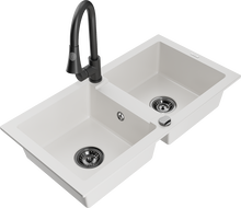Mexen Mario granite double-bowl sink with Elia kitchen faucet, white - 6504-20-670101-70