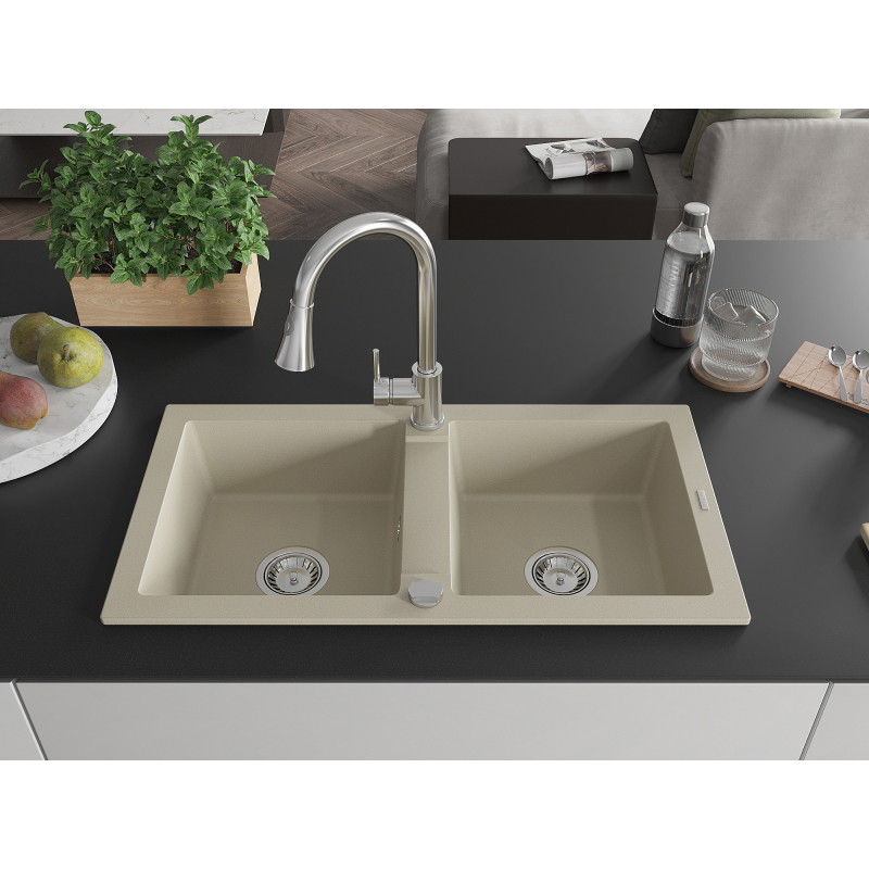 Mexen Mario fregadero de granito de 2 compartimentos con grifo de cocina Elia, beige - 6504-69-670101-00