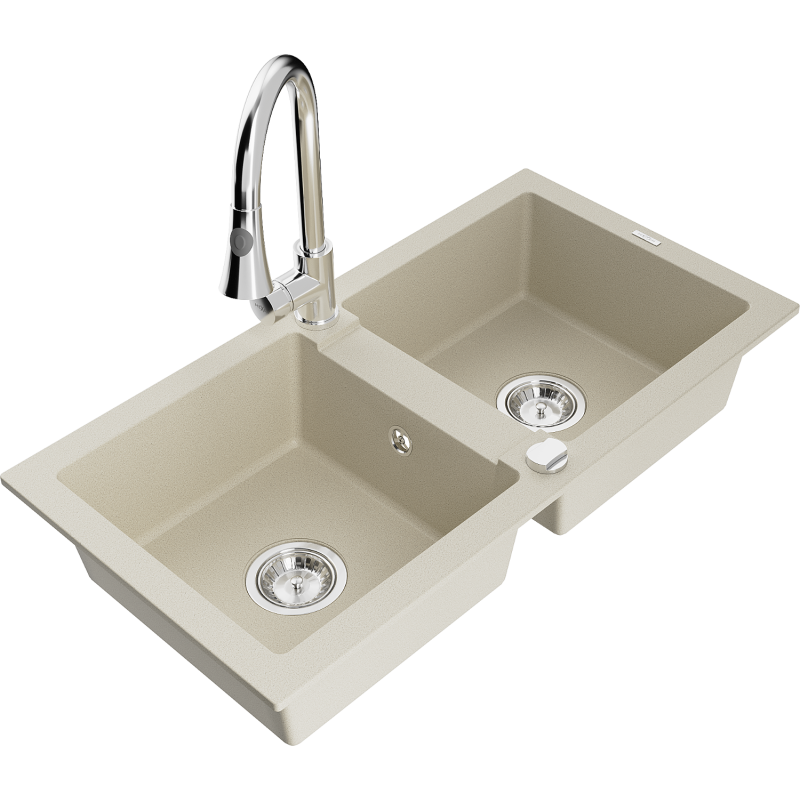 Mexen Mario double-bowl granite sink with Elia kitchen tap, beige - 6504-69-670101-00