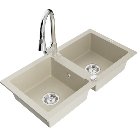 Mexen Mario double-bowl granite sink with Elia kitchen tap, beige - 6504-69-670101-00