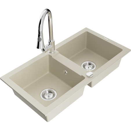 Mexen Mario évier en granit 2 bacs avec robinet de cuisine Elia, beige - 6504-69-670101-00
