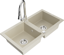 Mexen Mario double-bowl granite sink with Elia kitchen tap, beige - 6504-69-670101-00