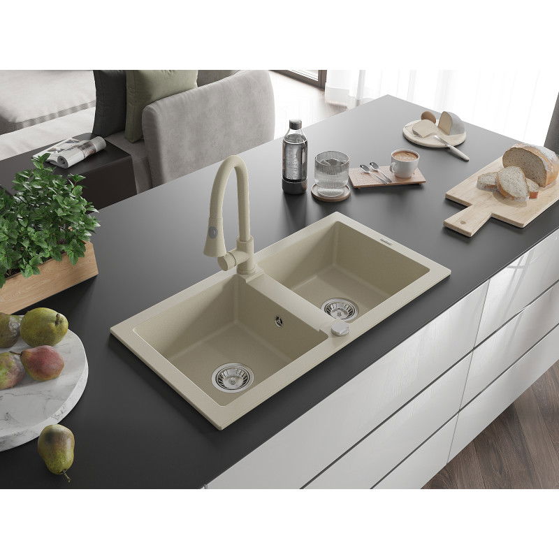 Mexen Mario Granit-Duebelliwwen mat 2-Kummer mat Kichenbatterie Elia, beige - 6504-69-670101-69