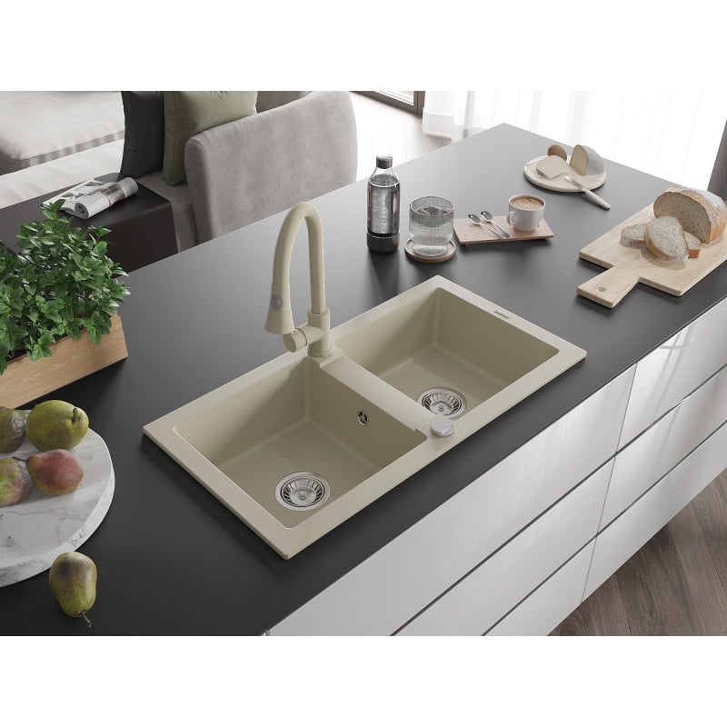 Mexen Mario granite sink 2-bowl with Elia kitchen faucet, beige - 6504-69-670101-69