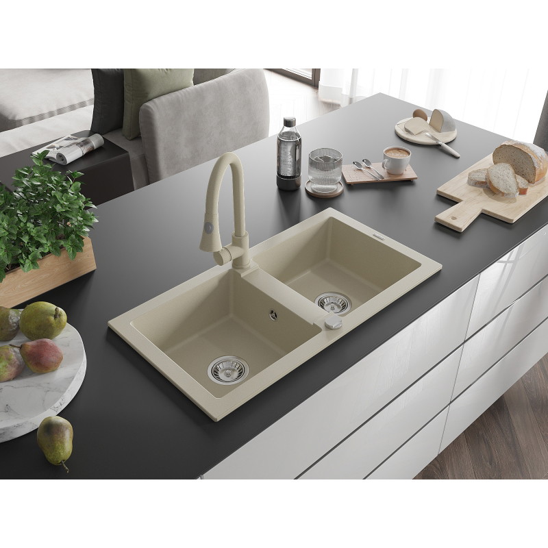 Mexen Mario tweekamers granieten gootsteen met keukenmengkraan Elia, beige - 6504-69-670101-69