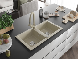 Mexen Mario 2-bowl granite sink with Elia kitchen faucet, beige - 6504-69-670101-69