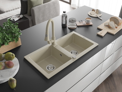 Mexen Mario évier en granit 2 cuves avec robinet de cuisine Elia, beige - 6504-69-670101-69