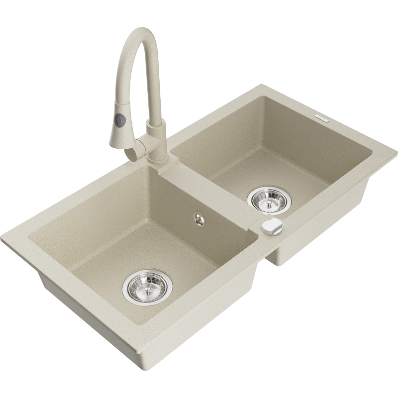 Mexen Mario lavello in granito a 2 vasche con miscelatore cucina Elia, beige - 6504-69-670101-69