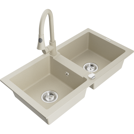 Mexen Mario évier en granit 2 bacs avec robinet de cuisine Elia, beige - 6504-69-670101-69