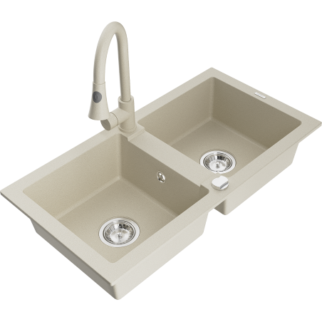 Mexen Mario tweekamers granieten gootsteen met keukenmengkraan Elia, beige - 6504-69-670101-69