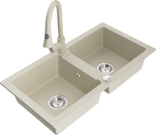 Mexen Mario granite sink 2-bowl with Elia kitchen faucet, beige - 6504-69-670101-69
