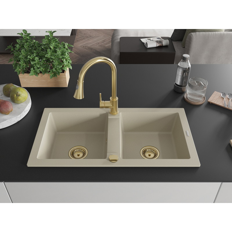 Mexen Mario granitische spoelbak met 2 kamers en keukenmengkraan Elia, beige - 6504-69-670101-50