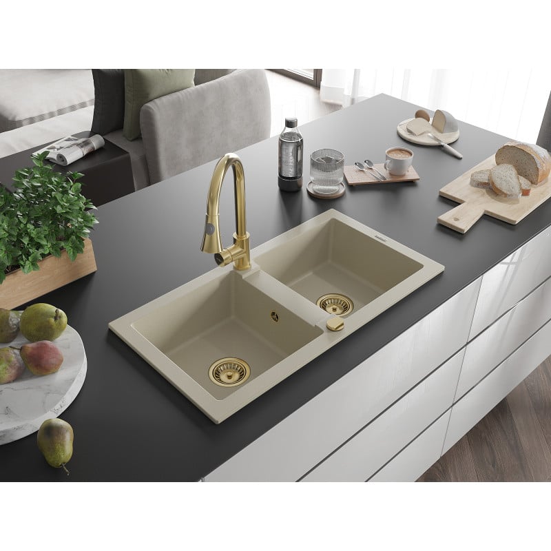 Mexen Mario fregadero de granito de 2 compartimentos con grifo de cocina Elia, beige - 6504-69-670101-50