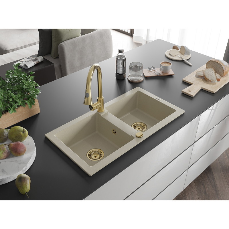Mexen Mario Granit-Doppelspülbecken mit Küchenarmatur Elia, beige - 6504-69-670101-50