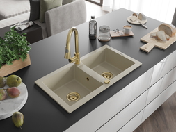 Mexen Mario 2-bowl granite kitchen sink with Elia kitchen tap, beige - 6504-69-670101-50