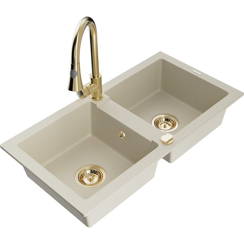 Mexen Mario 2-delige granieten gootsteen met keukenmengkraan Elia, beige - 6504-69-670101-50