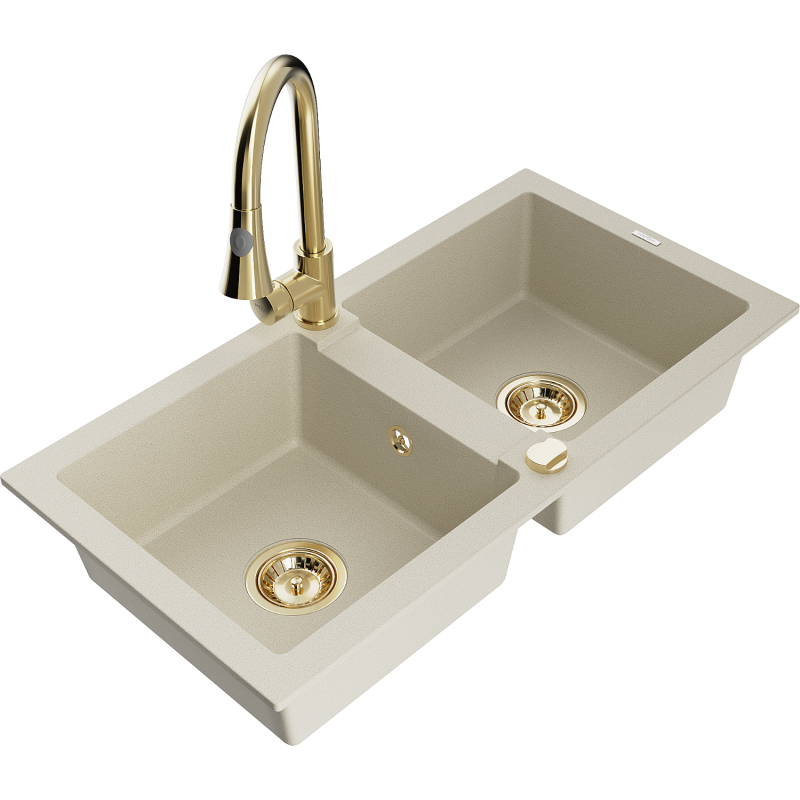 Mexen Mario fregadero de granito de 2 compartimentos con grifo de cocina Elia, beige - 6504-69-670101-50