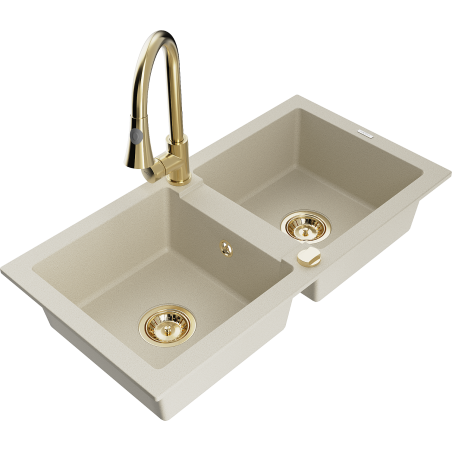 Mexen Mario fregadero de granito de 2 compartimentos con grifo de cocina Elia, beige - 6504-69-670101-50