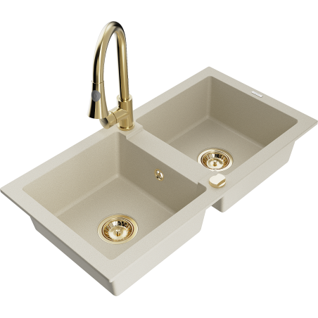 Mexen Mario granite double-bowl kitchen sink with Elia tap, beige - 6504-69-670101-50