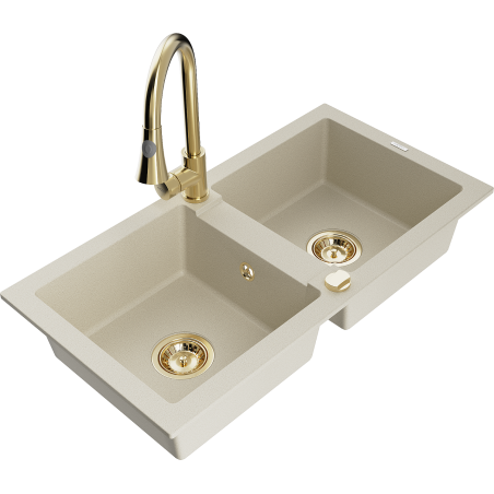 Mexen Mario lavello da cucina in granito a 2 vasche con miscelatore Elia, beige - 6504-69-670101-50