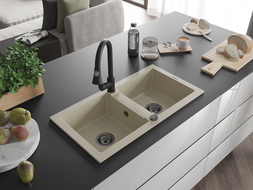 Mexen Mario granieten gootsteen 2-kamer met keukenmengkraan Elia, beige - 6504-69-670101-70