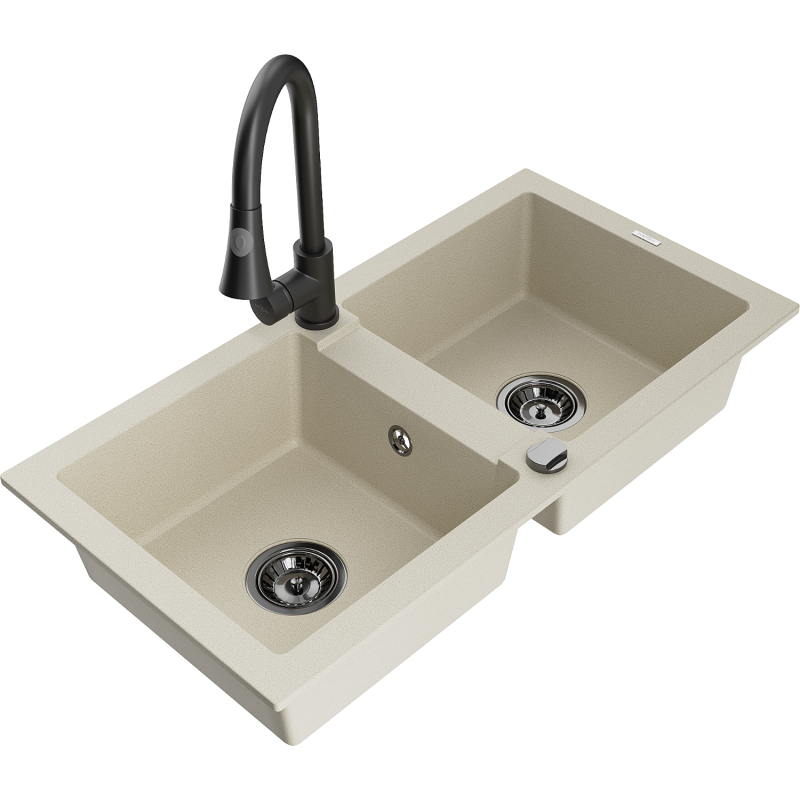 Mexen Mario 2-bowl Granite Sink with Elia Kitchen Tap, Beige - 6504-69-670101-70
