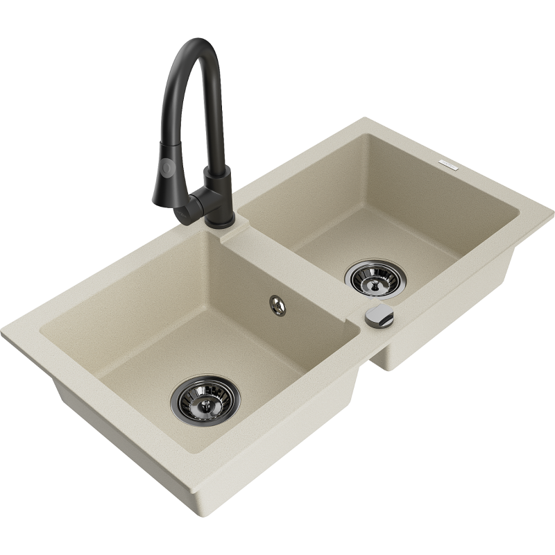 Mexen Mario fregadero de granito de 2 compartimentos con grifo de cocina Elia, beige - 6504-69-670101-70