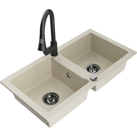 Mexen Mario 2-bowl Granite Sink with Elia Kitchen Tap, Beige - 6504-69-670101-70