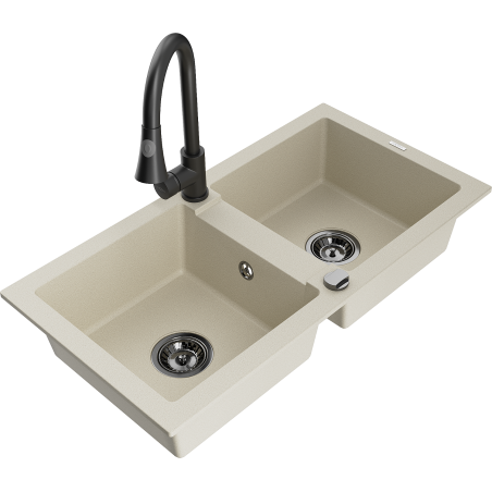 Mexen Mario fregadero de granito de 2 compartimentos con grifo de cocina Elia, beige - 6504-69-670101-70