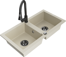 Mexen Mario granieten gootsteen 2-kamer met keukenmengkraan Elia, beige - 6504-69-670101-70