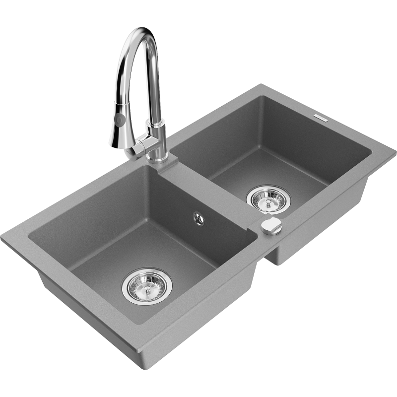 Mexen Mario fregadero de granito de 2 compartimentos con grifo de cocina Elia, gris - 6504-71-670101-00