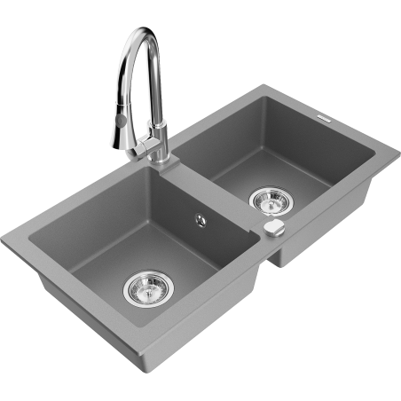 Mexen Mario 2-bowl granite sink with kitchen faucet Elia, gray - 6504-71-670101-00