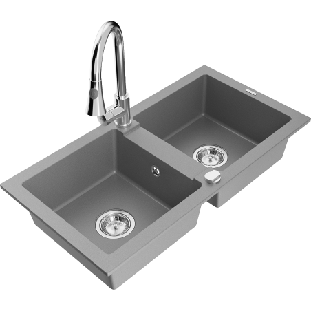 Mexen Mario granitā izlietne ar 2 nodalījumiem un virtuves krānu Elia, pelēka - 6504-71-670101-00