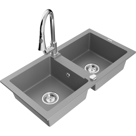 Mexen Mario granite sink 2-bowl with Elia kitchen tap, grey - 6504-71-670101-00