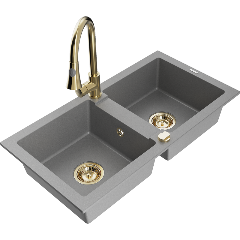 Mexen Mario lavello in granito a 2 vasche con rubinetto da cucina Elia, grigio - 6504-71-670101-50