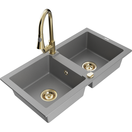 Mexen Mario granite double-bowl sink with Elia kitchen tap, grey - 6504-71-670101-50