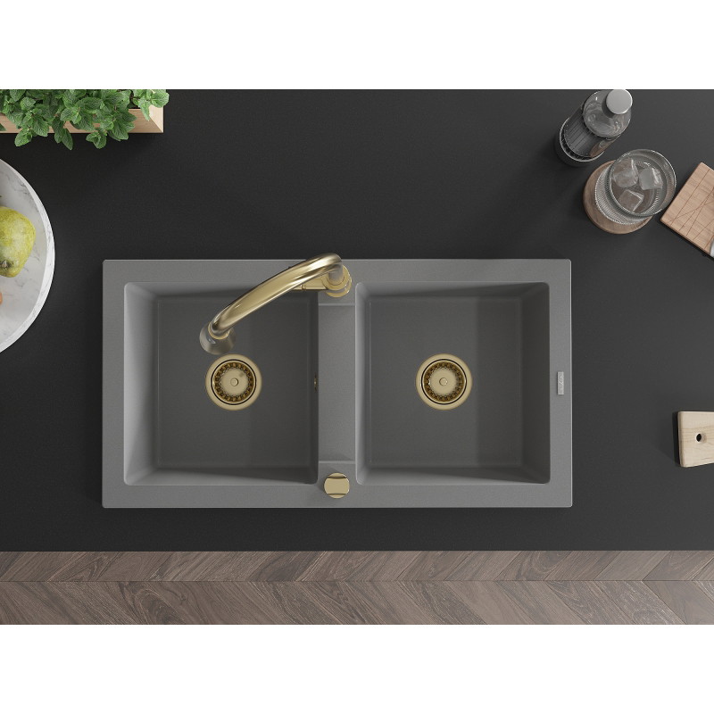 Mexen Mario fregadero de granito de 2 senos con grifo de cocina Elia, gris - 6504-71-670101-50