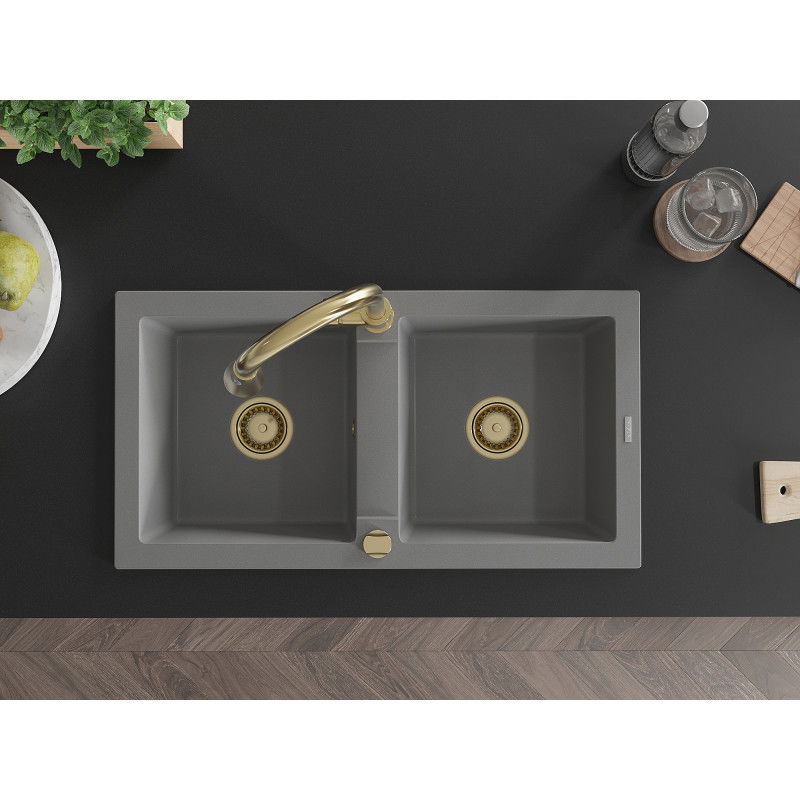 Mexen Mario granite double-bowl sink with Elia kitchen tap, grey - 6504-71-670101-50