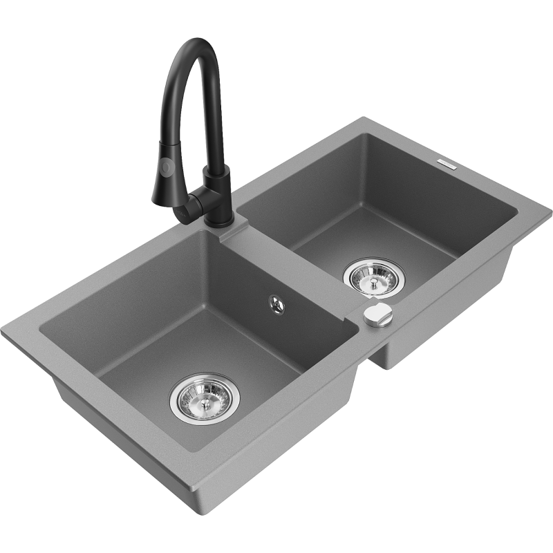 Mexen Mario lavello in granito a 2 vasche con rubinetto da cucina Elia, grigio - 6504-71-670101-70