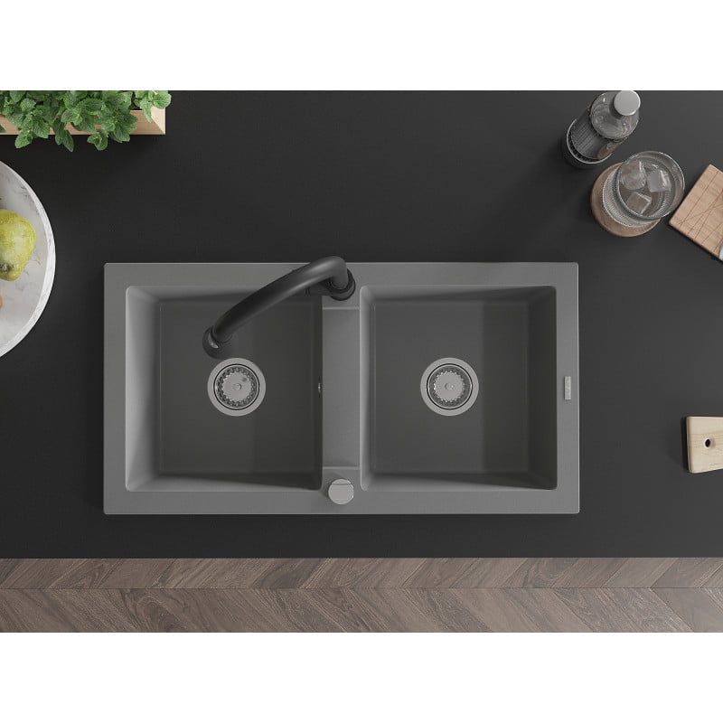 Mexen Mario granitdiskho med 2 kammare och köksblandare Elia, grå - 6504-71-670101-70