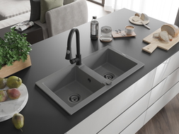 Mexen Mario fregadero de granito de 2 senos con grifo de cocina Elia, gris - 6504-71-670101-70-B