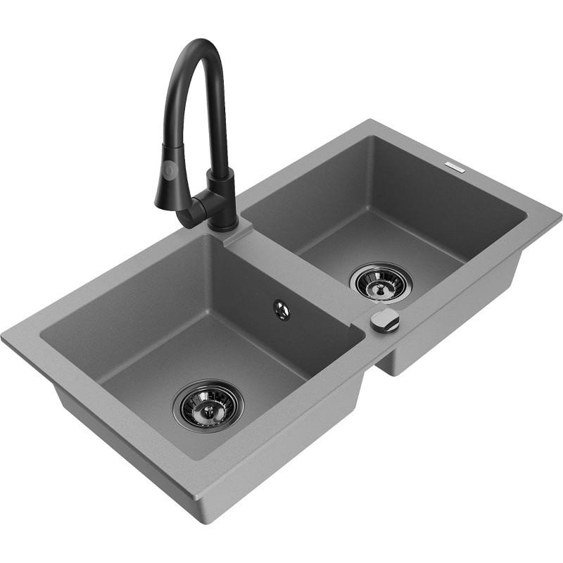 Mexen Mario fregadero de granito de 2 compartimentos con grifo de cocina Elia, gris - 6504-71-670101-70-B