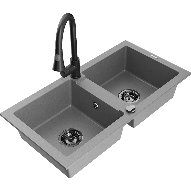 Mexen Mario fregadero de granito de 2 senos con grifo de cocina Elia, gris - 6504-71-670101-70-B