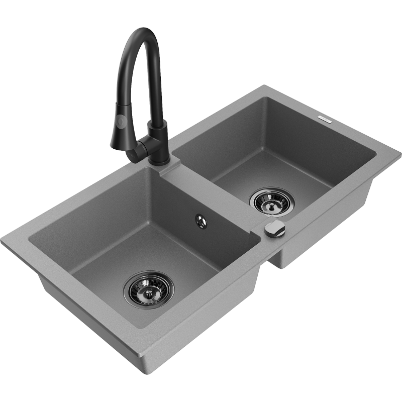 Mexen Mario granitdiskho med 2 fack och köksblandare Elia, grå - 6504-71-670101-70-B